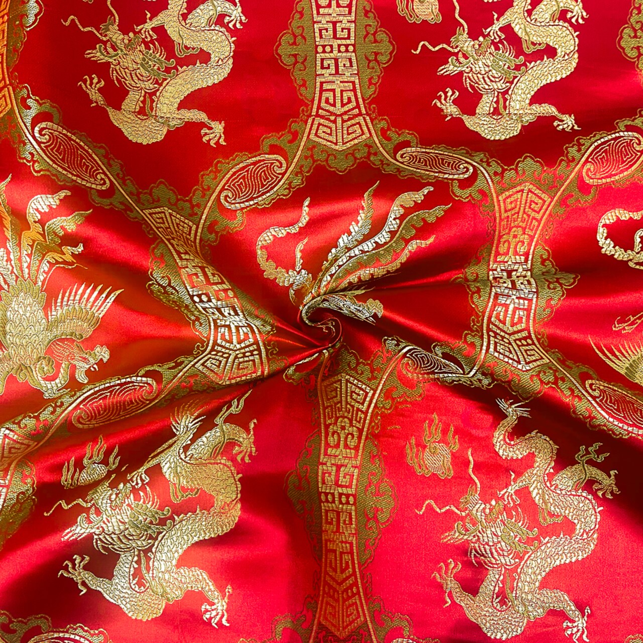 Red-Golden Yellow-Brown Dragon Trellis Chinese Brocade Woven Fabric By the Yard